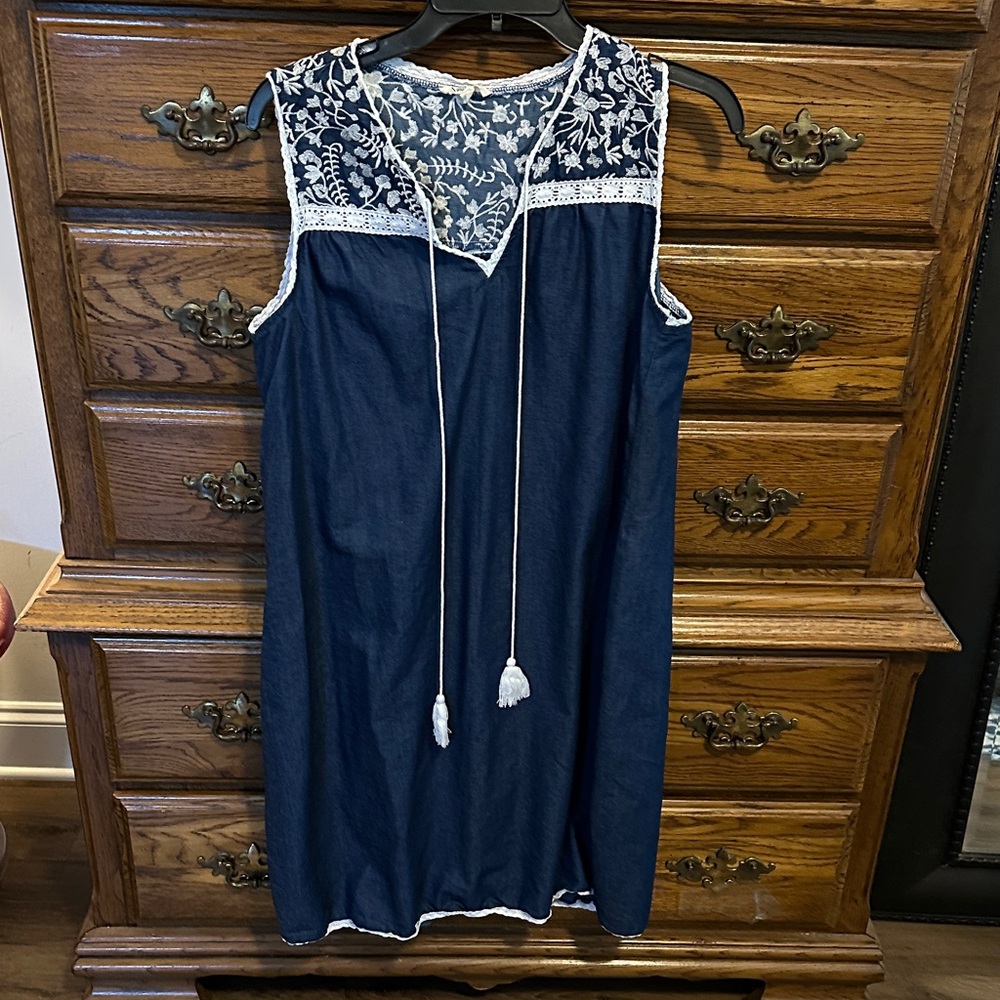 Kings Road Blue Dress with White Embroidery